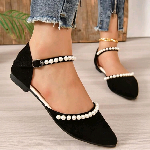 Women Faux Pearl Decor Point Toe Ankle Strap Flats, Fashion Outdoor Faux Suede F - Picture 3 of 7